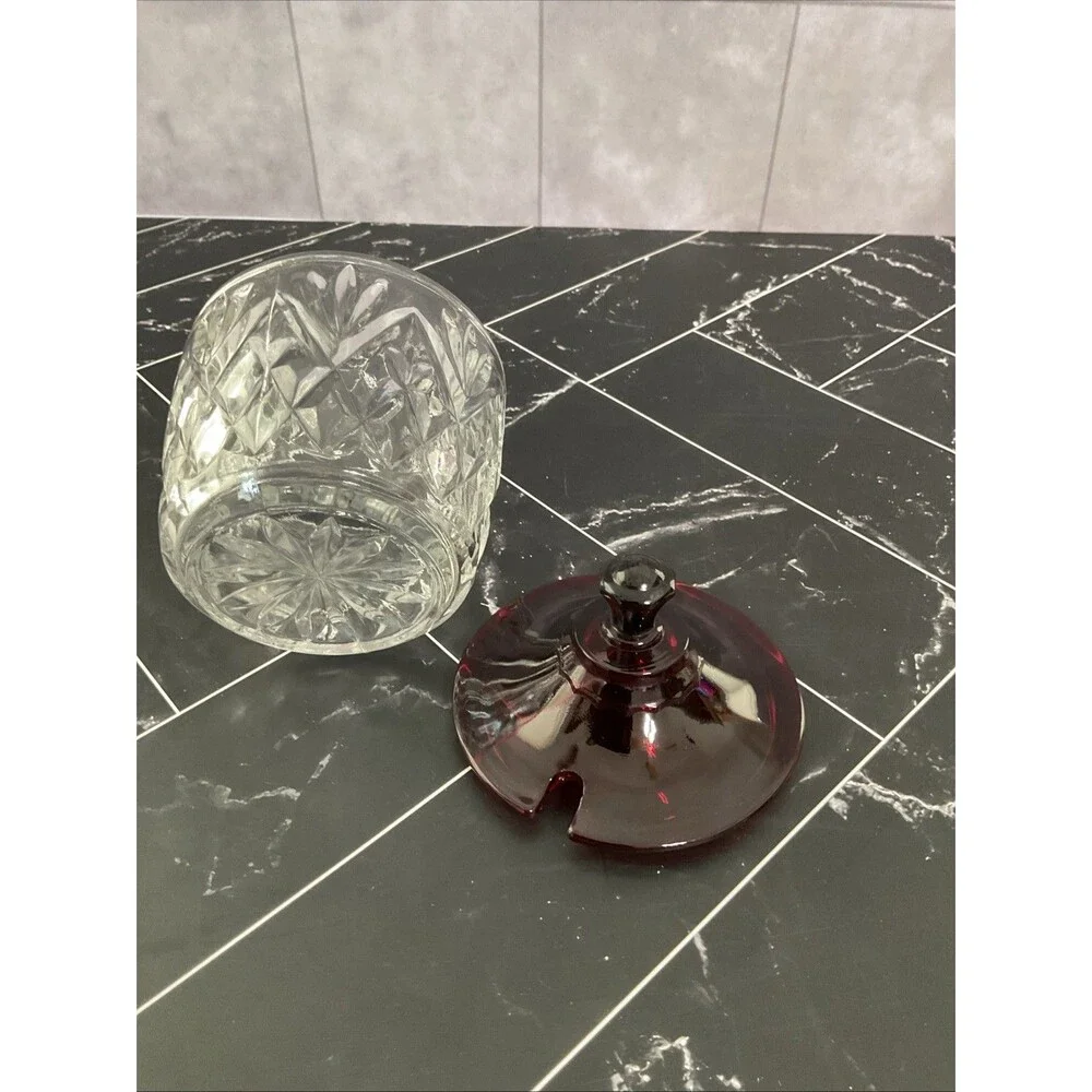 ANCHOR HOCKING Marmalade Pineapple Prescut Crystal w/Royal Ruby Lid No Spoon Vtg